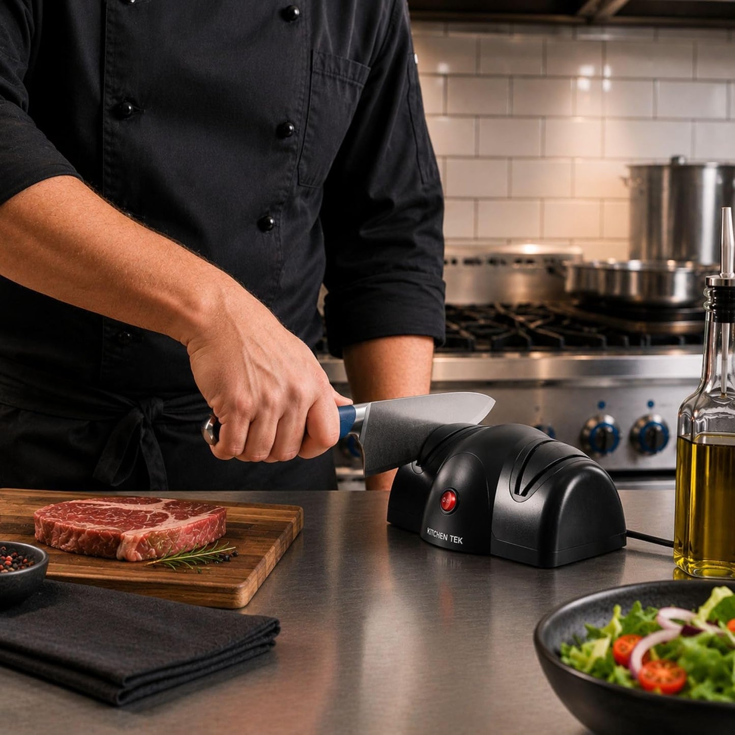 Restaurantware-Kitchen Tek 2-Stage Electric Knife Sharpener, 1 Straight-Edge Knife Sharpener With Diamond Grinding Wheel - 120 Voltage, Quick Sharpening, Gray Plastic, For Kitchen Knives