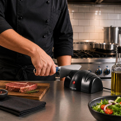 Restaurantware-Kitchen Tek 2-Stage Electric Knife Sharpener, 1 Straight-Edge Knife Sharpener With Diamond Grinding Wheel - 120 Voltage, Quick Sharpening, Gray Plastic, For Kitchen Knives