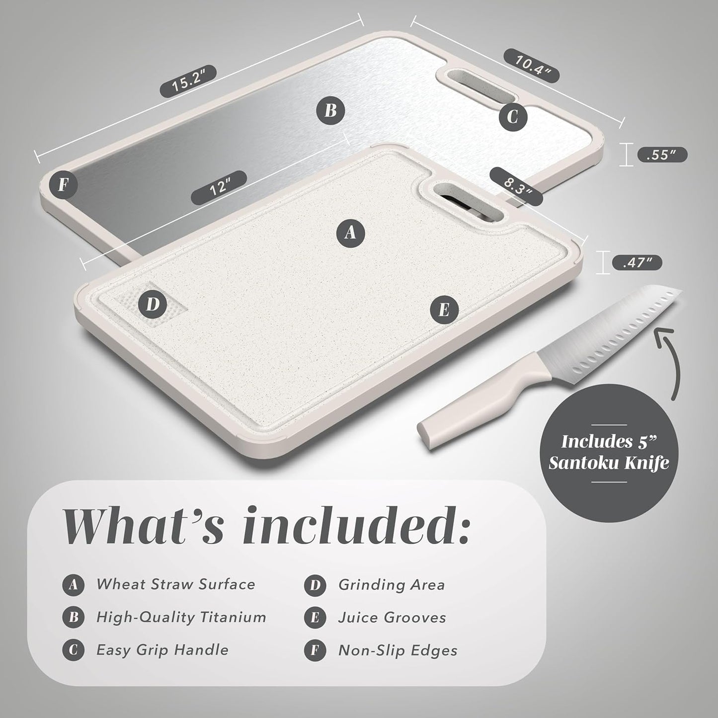 COOK WITH COLOR Titanium Cutting Board for Kitchen, 3 Pc Cutting Board Set with Knife, Double Sided Food Grade, Pure Titanium, Easy to Clean
