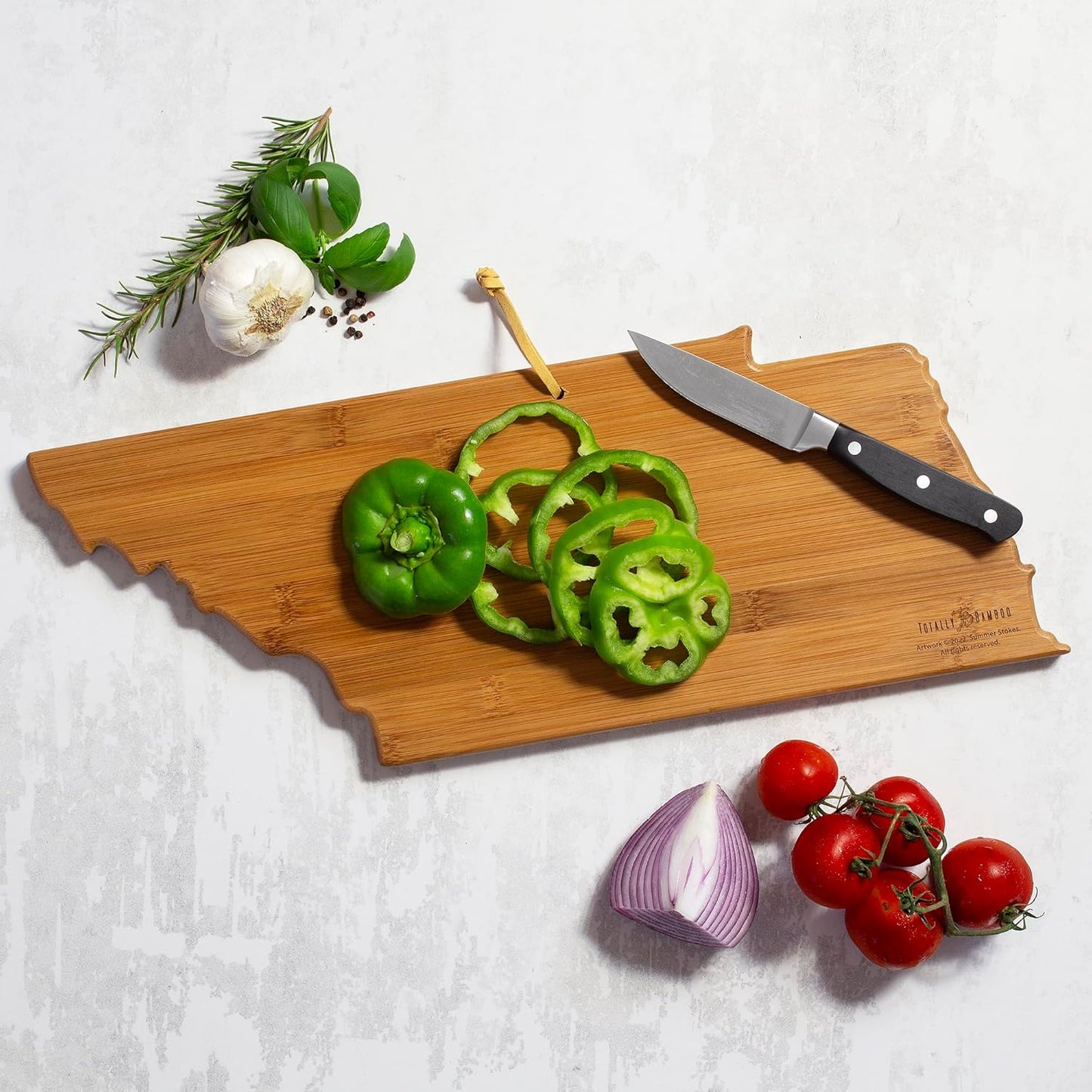 Totally Bamboo North Carolina State Shaped Cutting Board and Charcuterie Serving Platter with Artwork by Summer Stokes, Includes Hang Tie for Wall Display 18" x 8" x 5/8" - Colors A