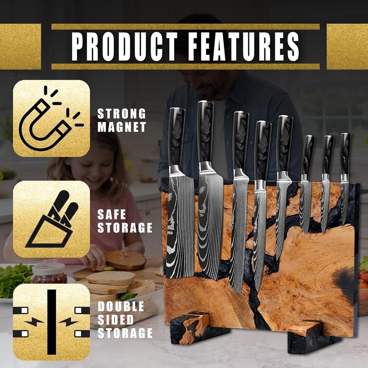 Magnetic Knife Block, Double Sided Knife Holder, Burl Maple Wood and Blue Resin, Holds 20 Knives, Non Slip Base (Blue)