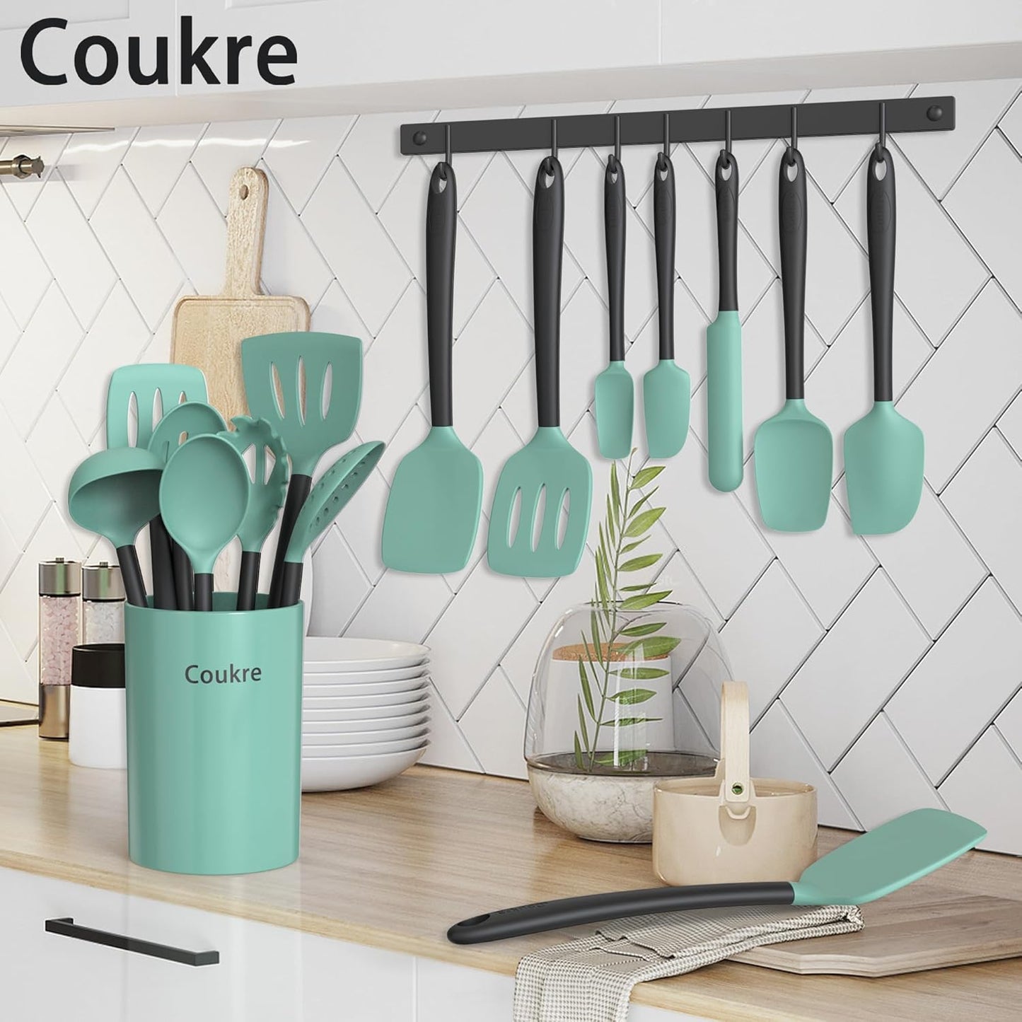 Coukre Silicone Kitchen Cooking Utensils Set with Holder – Heat-Resistant, Food-Grade Kitchen Tools, Spatula, Spoon & Gadgets for Non-Stick Pans, Dishwasher Safe (14, PureBlack)