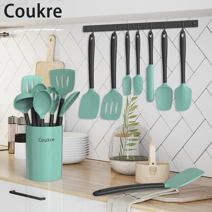Coukre Silicone Kitchen Cooking Utensils Set with Holder – Heat-Resistant, Food-Grade Kitchen Tools, Spatula, Spoon & Gadgets for Non-Stick Pans, Dishwasher Safe (14, PureBlack)