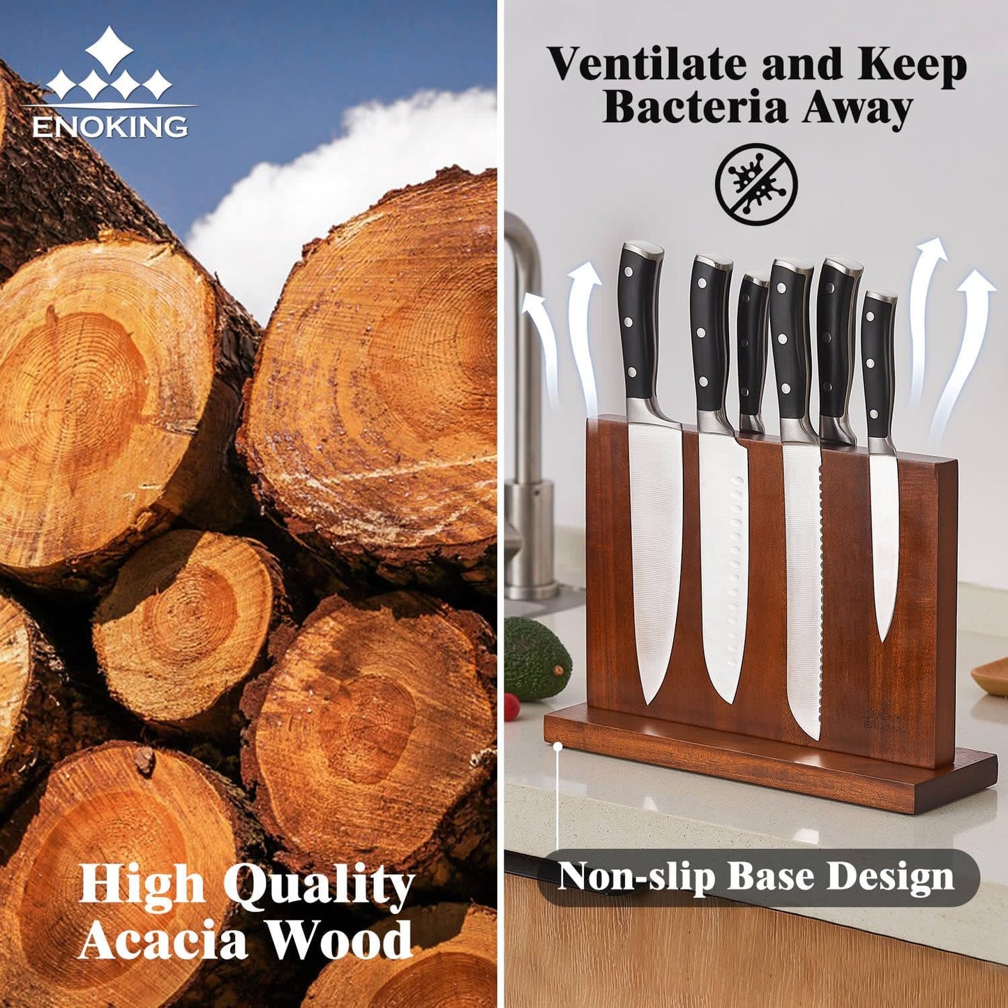 ENOKING Extra Large Magnetic Knife Block, 15.2-In Acacia Wood Knife Holder for Home Kitchen, Universal Knife Holder Stand with Strong Enhanced Magnets for Safe and Multifunctional Knife Storage