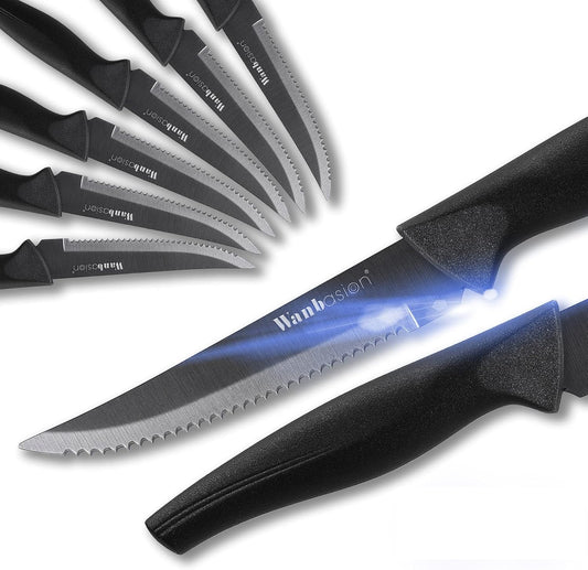 Wanbasion Black Non Serrated Steak Knives Set, Steak Knife Set Dishwasher Safe, Sharp Steak Knives Set for Kitchen with Ergonomic Handles