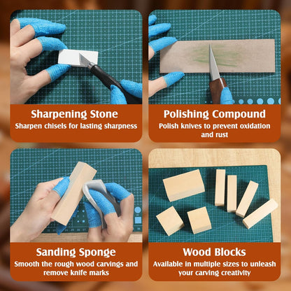 Housolution Wood Carving Kit with Leather Case, 24PCS Wood Carving Tools Whittling Kit Includes Carving Knives Carving Chisels Basswood Blocks Spoon Gloves, Woodworking Tools for Beginners DIY Hobbies