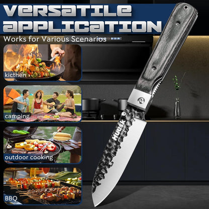 Huusk Folding Chef Knife Set - Japanese Hand Forged Pocket Knife Set - Including Nakiri, Santoku, Bread and Fruit Knives - Gifts for Men and Women