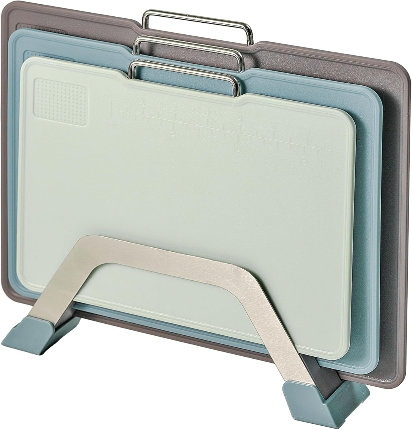 Plastic Cutting Boards with Grinding Area and Measurement, Cutting Boards for Kitchen Dishwasher Safe, Set of 3 with Holder, Non-Slip Design, Stainless Steel Handle, Blue