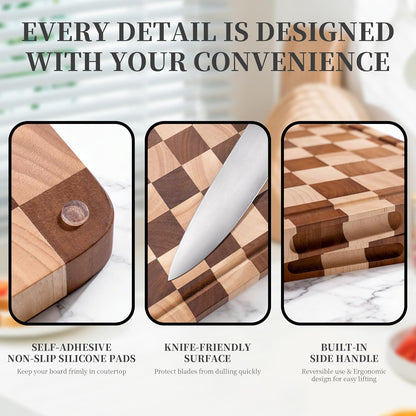 WILLKOMMEN Checkered Cutting Board for Kitchen– Wood Checkerboard End Grain Chopping Board 1" Thick Butcher Block with Juice Groove & Handle, Reversible for Cooking and Serving (Rectangular)