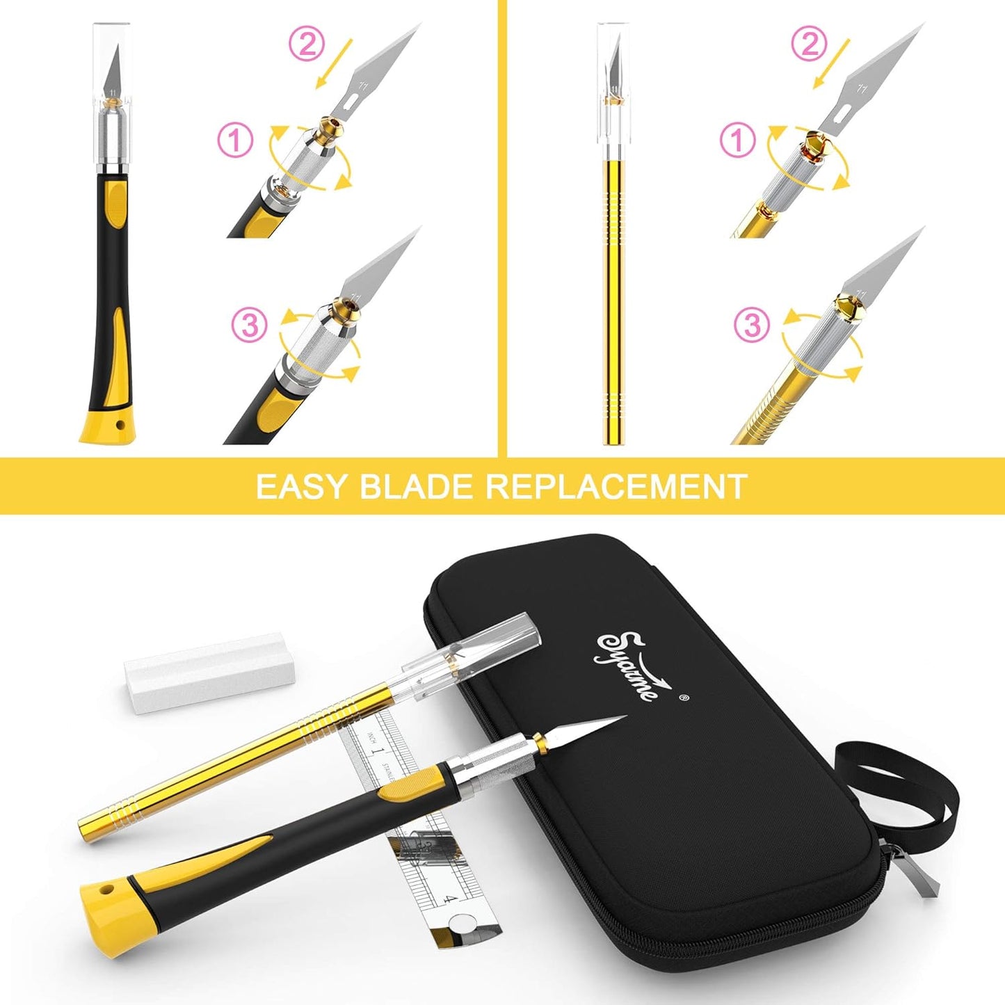Hobby Knife Precision Craft Knife Set, Utility Knife for Cutting, Carving, and Modeling etc, Includes 2 Cutting Knife, 20 Blades, EVA Storage Box, Ruler, Whetstone, Cleaning Cloth