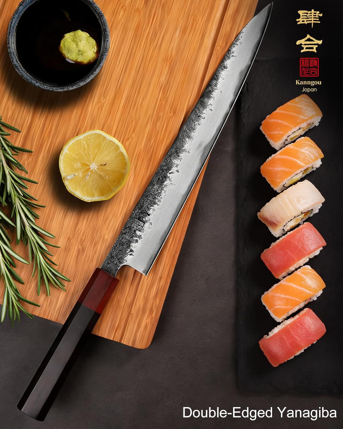 kanngou Sushi Knife 27cm Japanese Carving Knife, AUS-8 Steel Sujihiki Sashimi Knives for Fish Filleting and Meat Slicing, Double Edge Yanagiba Knives with Premium Gift Box