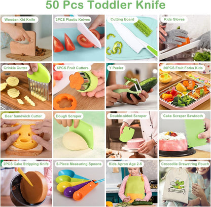 50PCS Kids Kitchen Cooking Set - Crocodile Wooden Kid Safe Knife Cutting Board Apron Gloves Fruit Vegetable Crinkle Cutters Peeler Serrated Edges Plastic Toddlers Knives, Kids Knifes for Real Cooking