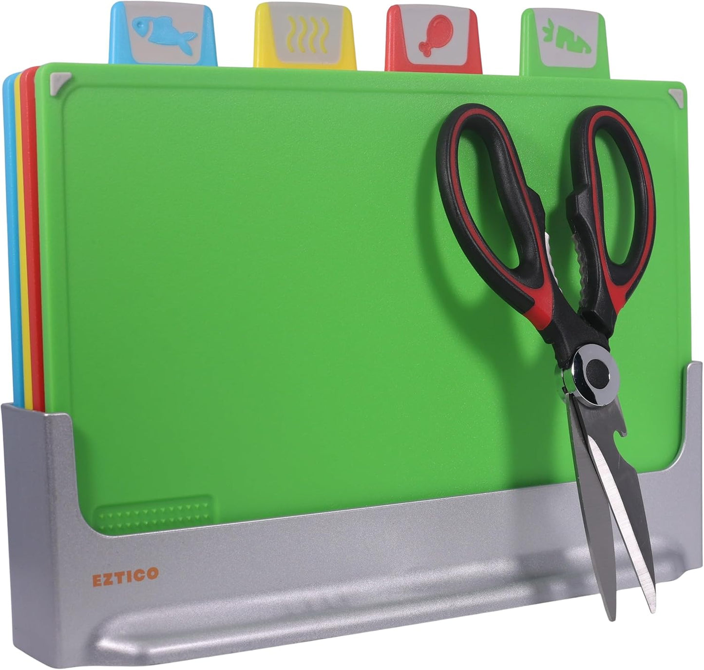 4-Piece Non-Toxic Cutting Board Set with Premium Scissors – BPA-Free Plastic and Rubber Chopping Boards for Kitchen Essentials with Organizer, Dishwasher Safe Accessories Holder.