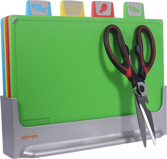 4-Piece Non-Toxic Cutting Board Set with Premium Scissors – BPA-Free Plastic and Rubber Chopping Boards for Kitchen Essentials with Organizer, Dishwasher Safe Accessories Holder.