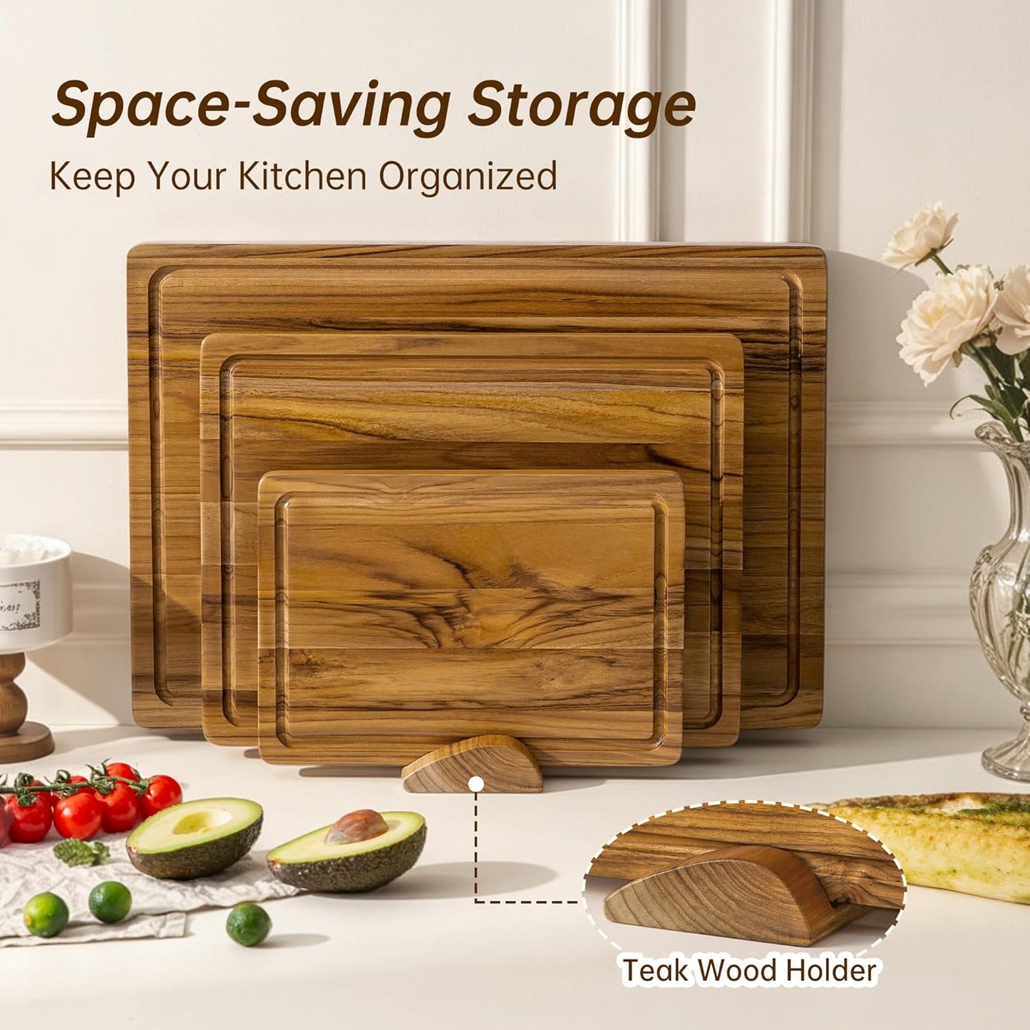 THETCHRY Teak Wood Cutting Boards for Kitchen, Wooden Cutting Board with Handles, Wooden Chopping Board with Juice Groove, Charcuterie Butcher Block for Meal Prep & Serving, 12.9" x 9.8"
