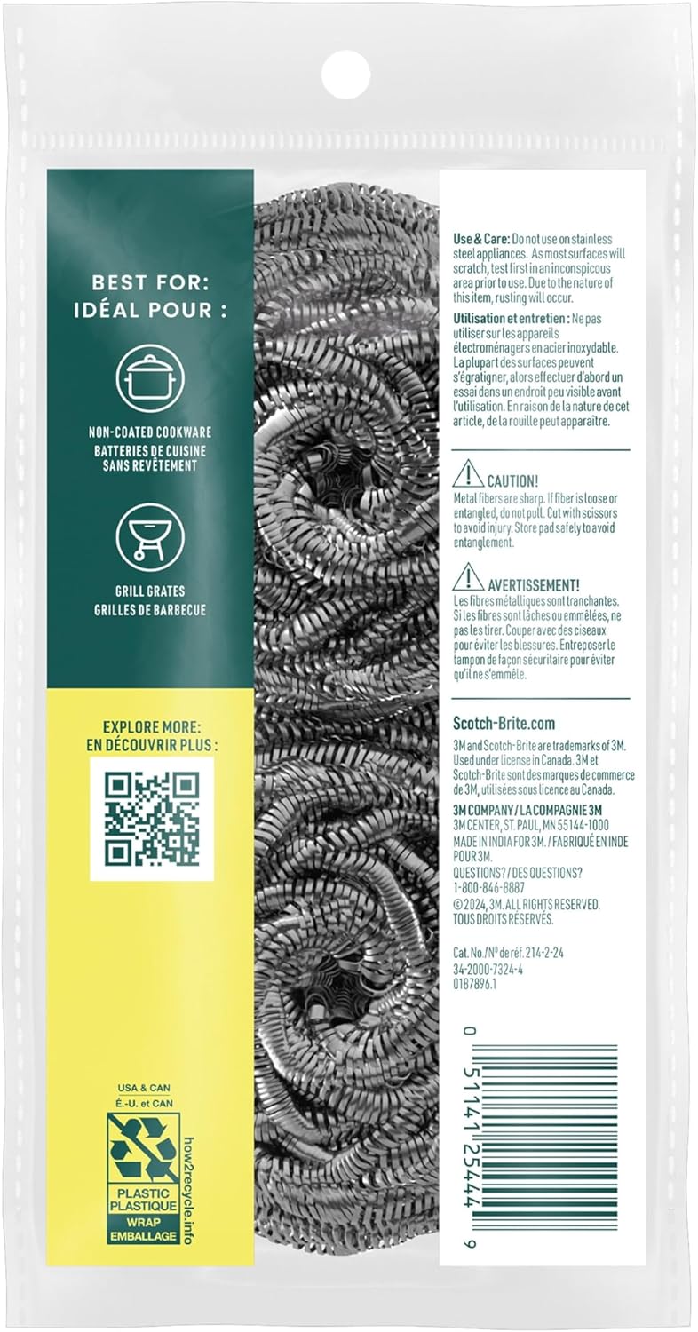Scotch-Brite Stainless Steel Scrubbers, Scouring Pads for Cleaning Tough Baked-On Messes, Metal Scrubbers for Cleaning Dishes, 3 Scrub Pads