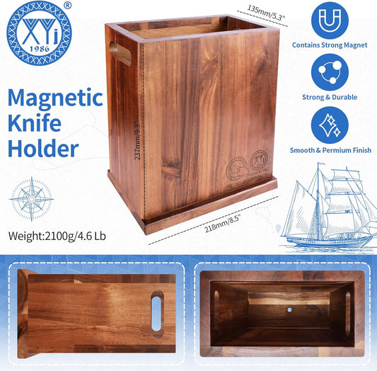 XYJ Extra Large Magnetic Knife Block Acacia Wood Knife Set Holder Stand With Stronge Magnetic Strip Kitchen Knives Storage Rack Organizer Tools No Drilling