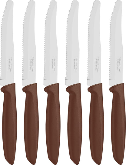 Tramontina Kitchen Knives Set of 6, Serrated Fruit Tomato Cooking Knife, Vegetable Chopper Peeler, Stainless Steel, Multipurpose, Pointed Tip, Brown, 23498454
