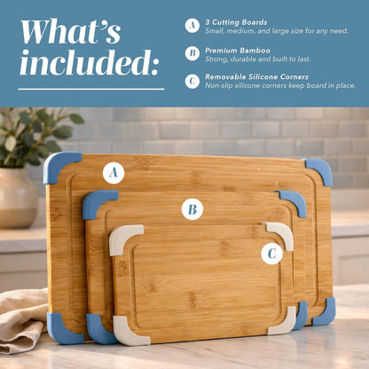 COOK WITH COLOR Non-Slip Cutting Board Set – Kitchen Essentials with Easy Grip Handle for Meat, Veggies, and Fruits, 3 Cutting Boards, Bamboo Non-Slip Grey