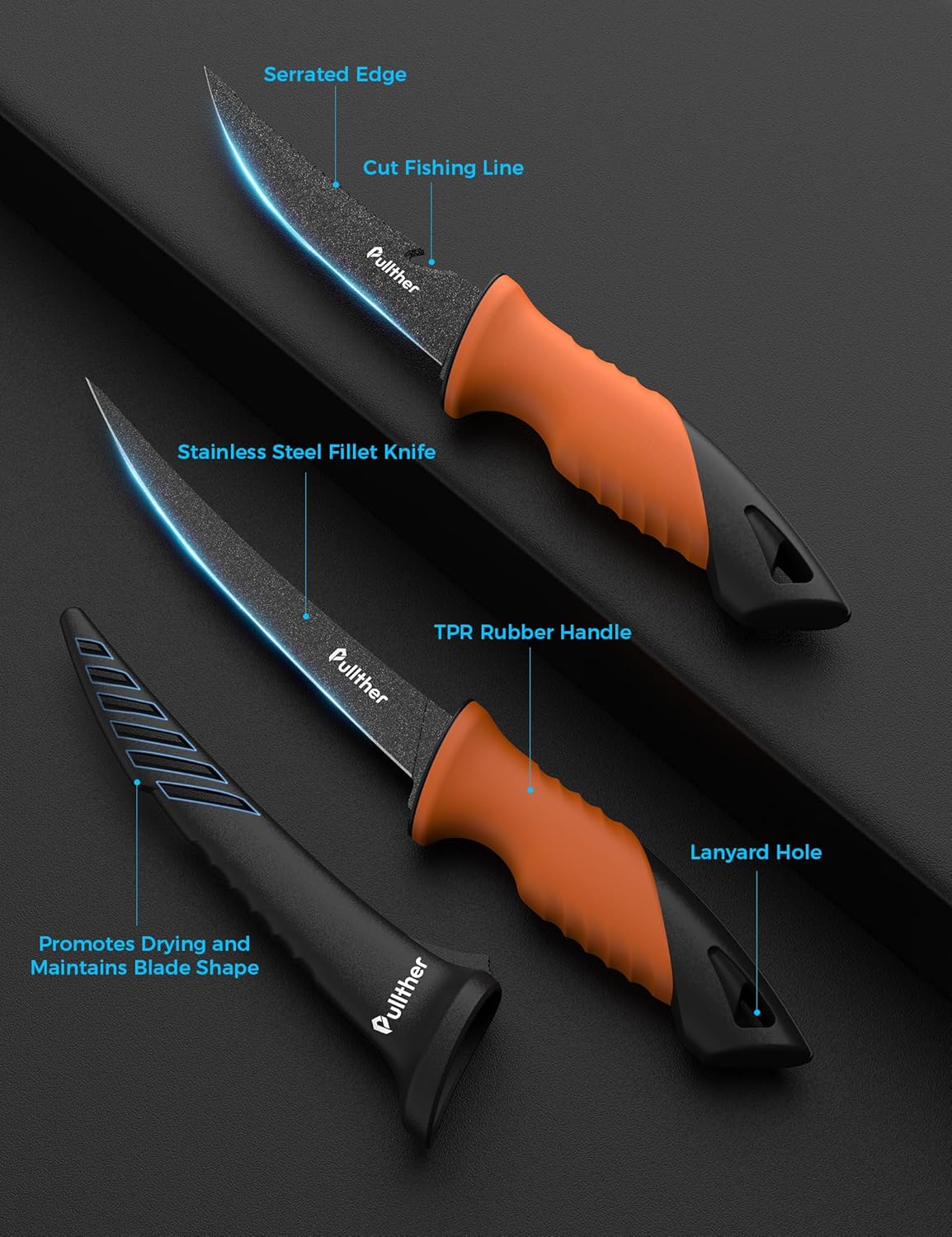 2 pcs Fillet Knife for fish,7 Inch Fillet Knives and 5 Inch Stainless Steel Fishing Bait Knife with Magnetic Protective Sheath,Fishing Gear Set with Non-Slip Handle