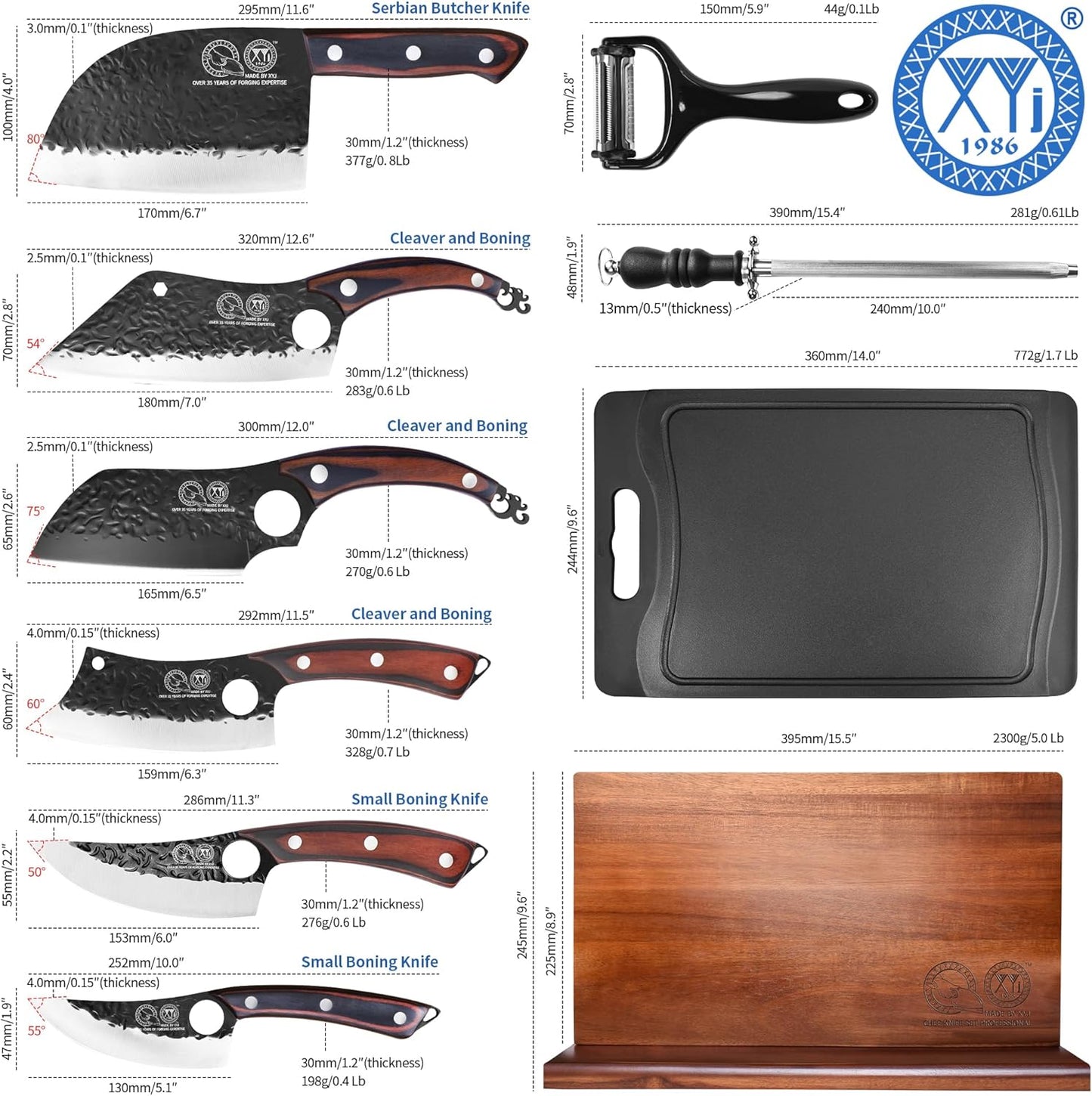 XYJ Authentic Since 1986,Knife Block Set,Kitchen Knife Set with Magnetic Knife Block,Cutting Board,Sharpening Stick,Meat Cleaver Slicing Knives,High Carbon Steel Blades,Full Tang,Wood Handle