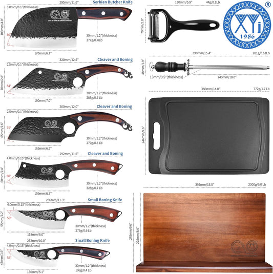 XYJ Authentic Since 1986,Knife Block Set,Kitchen Knife Set with Magnetic Knife Block,Cutting Board,Sharpening Stick,Meat Cleaver Slicing Knives,High Carbon Steel Blades,Full Tang,Wood Handle