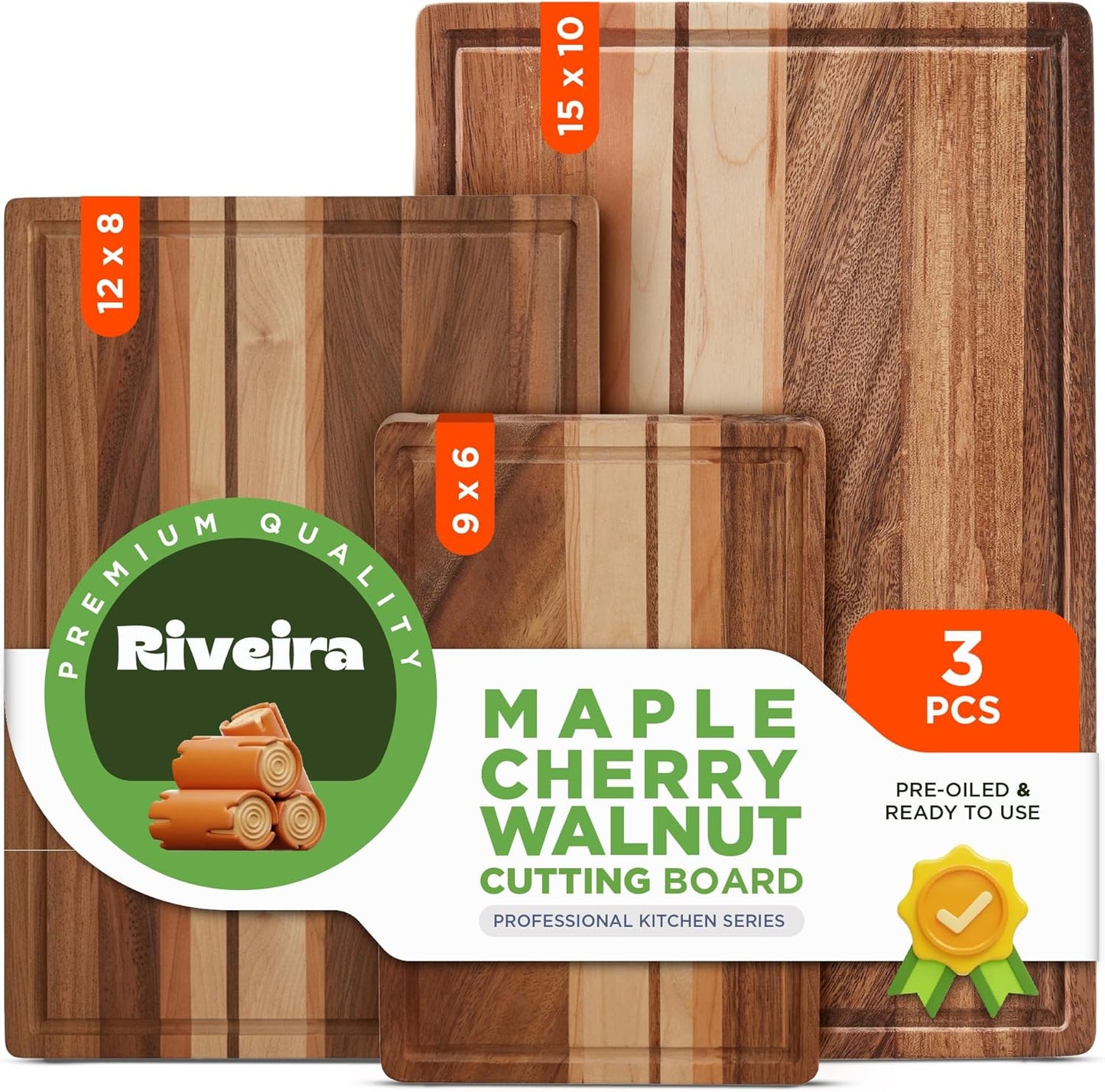 Riveira Walnut Cutting Board Set – Versatile And Durable: Set Of 3 Pcs Rectangular Wooden Cutting Board – Natural Wooden Cutting Boards For Kitchen – Complete Walnut Wooden Chopping Board