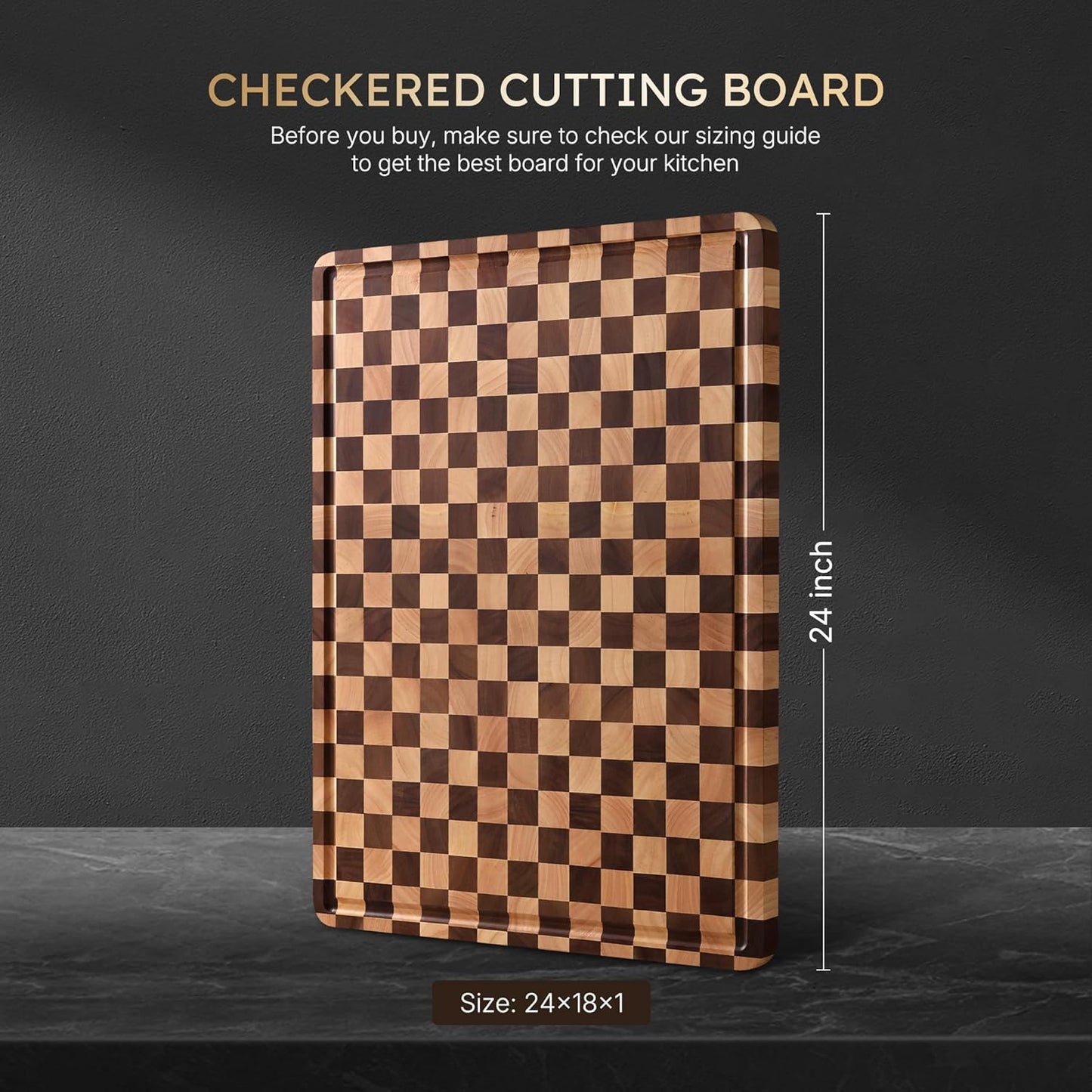 3 Packs Cutting Boards for Kitchen Checkered Cutting Board Acacia Wood Charcuterie Board Serving Heavy Duty Non Toxic Slip Butcher Block Wood Chopping Board with Juice Grooves Handles