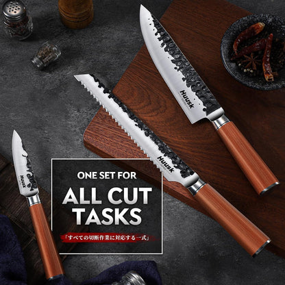 Huusk Japanese Chef Knife Set for Kitchen - 3 pcs Black Kitchen Knife Set with Titanium Coating, Stainless Cutting Knives Sets, Professional Cooking Knives for Vegetable Fruit Meat, Christmas Gift Men
