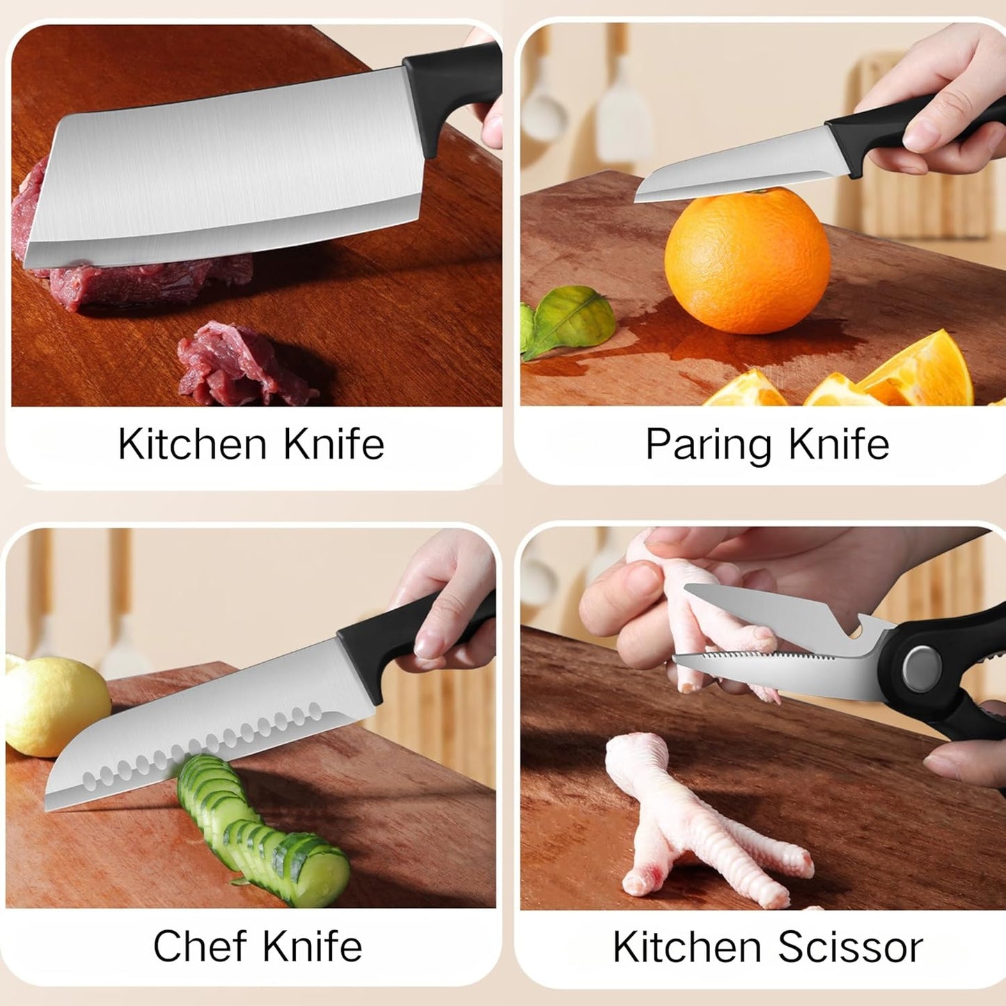 Small Knife Block Set, Modern Kitchen Knife Scissors with Universal Round Holder, Home Apartment New Kitchen Essentials, Space Saving, Dishwasher Safe(Black, 7PCS)