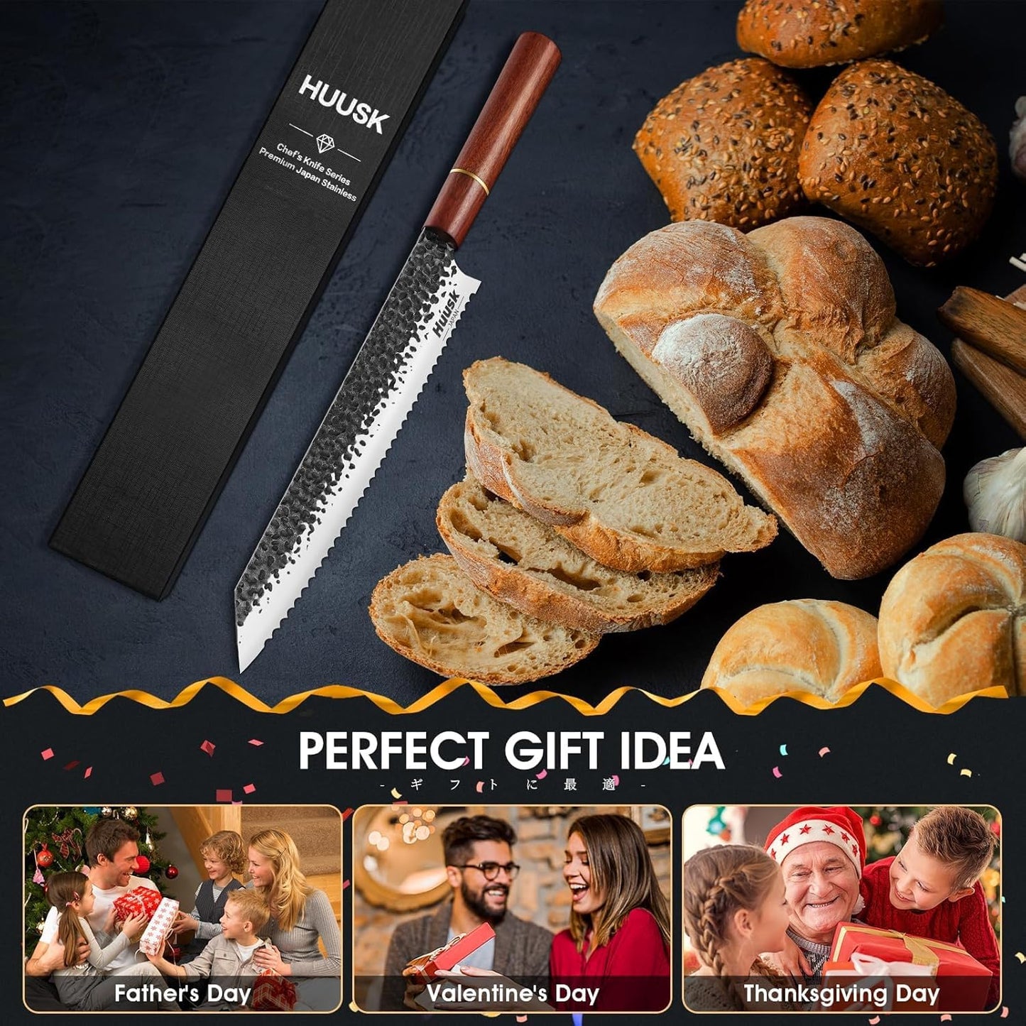 Huusk Japanese Brisket Carving Knife - 11" Slicing Knife for Meat Cutting Made by High Carbon Steel, Hand Forged Ultra Sharp Brisket Slicer with Wood Handle for BBQ Grilling Roast, Christmas Gifts