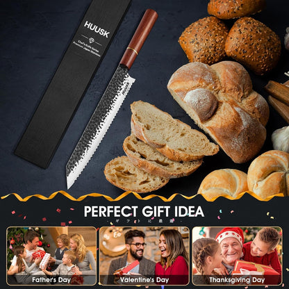 Huusk Japanese Brisket Carving Knife - 11" Slicing Knife for Meat Cutting Made by High Carbon Steel, Hand Forged Ultra Sharp Brisket Slicer with Wood Handle for BBQ Grilling Roast, Christmas Gifts