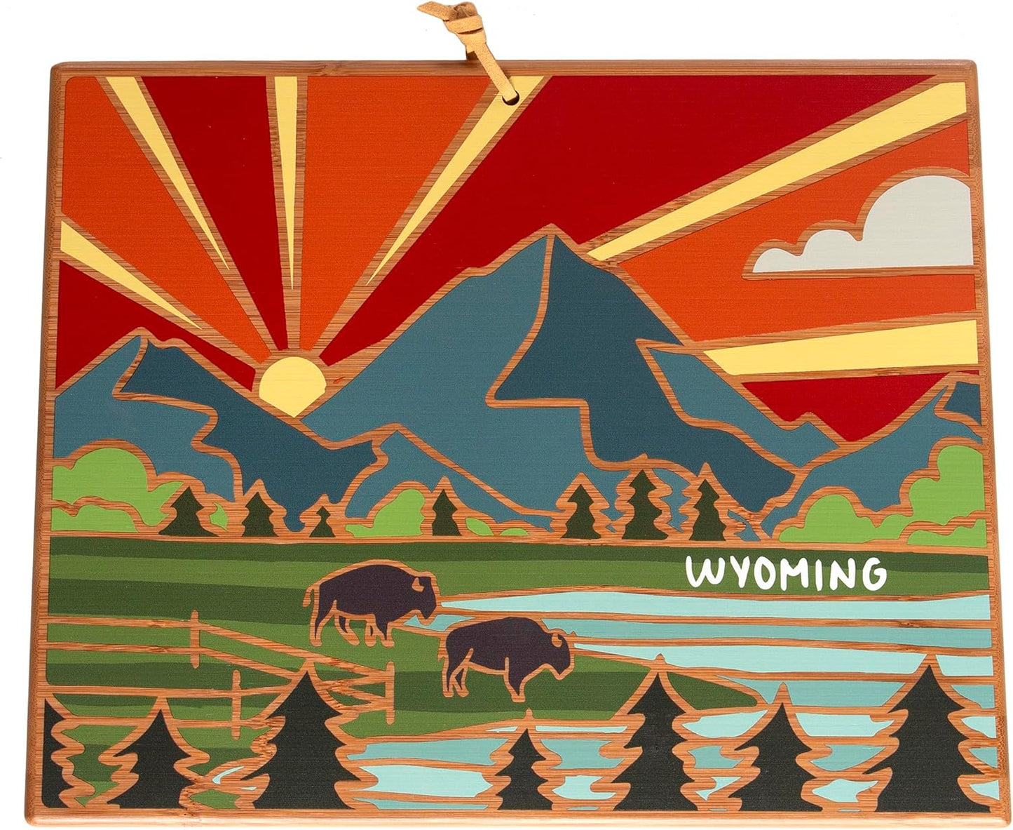 Totally Bamboo North Carolina State Shaped Cutting Board and Charcuterie Serving Platter with Artwork by Summer Stokes, Includes Hang Tie for Wall Display 18" x 8" x 5/8" - Colors A