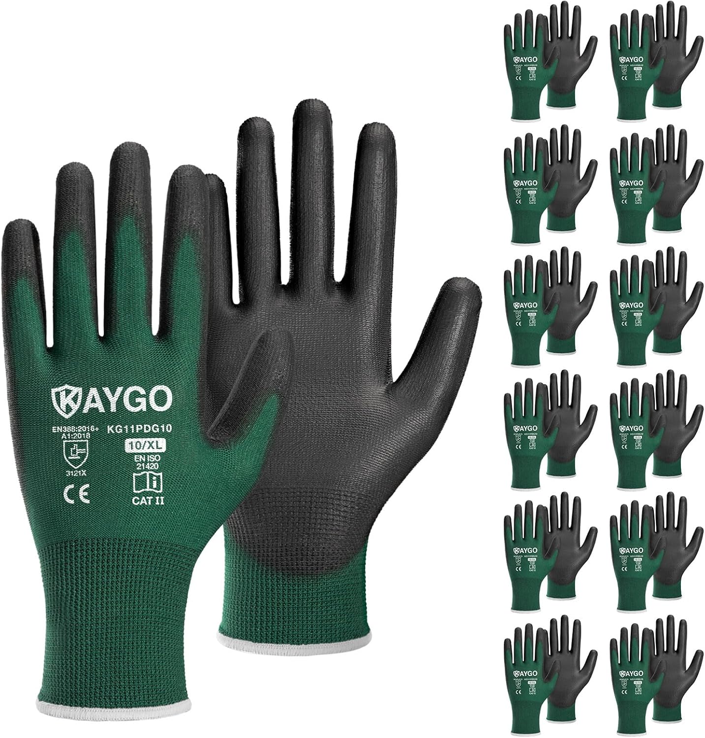 KAYGO Work Gloves for Men and Women,12 Pairs Seamless Knit PU Coated Safety Gloves, with Smooth Grip on Palm and Fingers, Ideal for Light Warehouse, Manufacturing, Gardening, KG11P (M, Black)