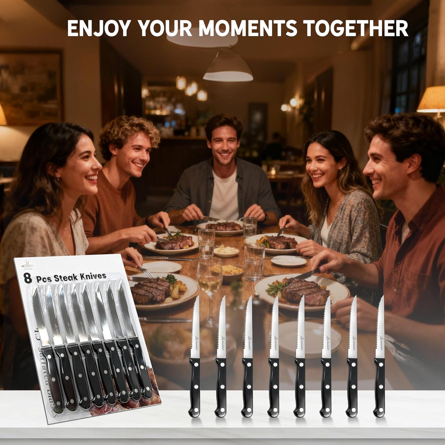 Upgraded Steak Knives Set of 8, Uncoated Stainless Steel Serrated Steak Knife Set, 4.5 Inch Steak Knife with Ergonomic Handle and Sharp Blades, Dishwasher Safe Dinner Knives for Kitchen, Restaurant