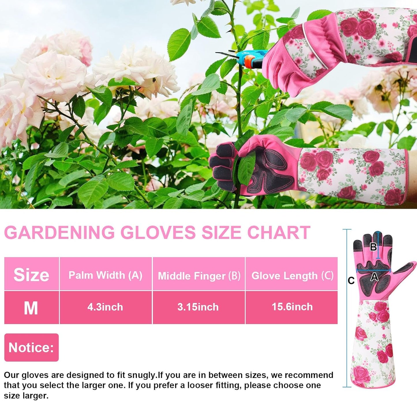 DLY Gardening Gloves for Women, Rose Gloves Gardening Thorn Proof, Long Garden Gloves for Women, Breathable Cowhide Leather Gauntlet (Medium, Blue)