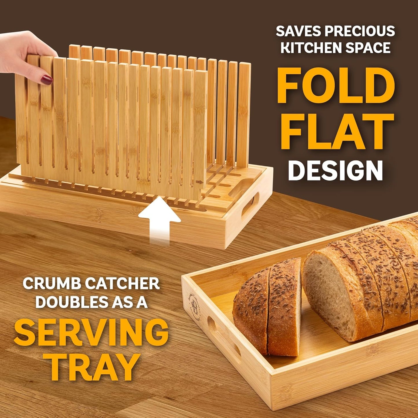 Bread Slicer for Homemade Bread - Adjustable Bamboo Bread Cutter with Knife, Foldable Slicing Guide & Crumb Tray - Bread Loaf Slicer for Sourdough, Cakes, Bagels, Loaves - Kitchen Gadgets Baking Gifts