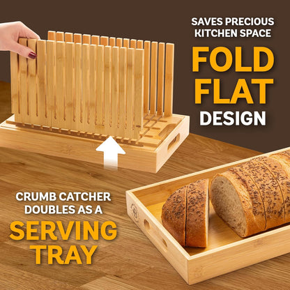 Bread Slicer for Homemade Bread - Adjustable Bamboo Bread Cutter with Knife, Foldable Slicing Guide & Crumb Tray - Bread Loaf Slicer for Sourdough, Cakes, Bagels, Loaves - Kitchen Gadgets Baking Gifts