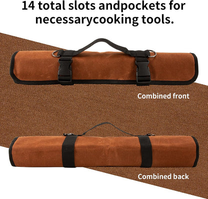 Chef Knife Roll Bag, Waxed Canvas chef bag with 18 Slots Cutlery Knives Holders Protectors, Portable Knife Bags for Chefs Professional, Case Storage Pouch, Camping and Hold Home Kitchen Knife Tools