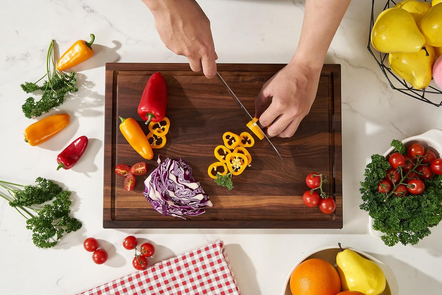 Cozifa American Dark Walnut Wood Cutting Board 17"x12"x1.6" for Kitchen with Juice Groove, Inner Handles, Gift Box Packaging and End Grain Butcher Block Finished with Linseed Oil, Beeswax & Lemon Oil