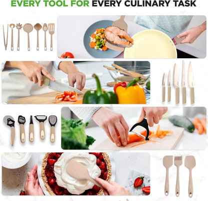 NutriChef 54-Piece Kitchen Cookware Set – Complete Non-Stick Ceramic Pots and Pans Set with Utensils, Bakeware, and Knife Set, Gas, Electric & Induction Compatible, Blush Pink Kitchen Essentials
