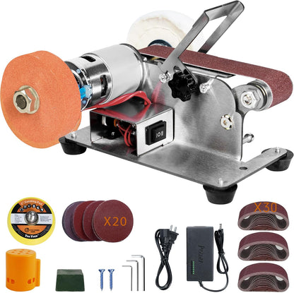 Mini Belt Sander, Electric Small Sander Knife Making Supplies, 7 Adjustable Speed Electric Knife Sharpener, Power Belt Grinder for Woodworking, Metal Working DIY (6.5'' x 6.8'' x 4.8'')