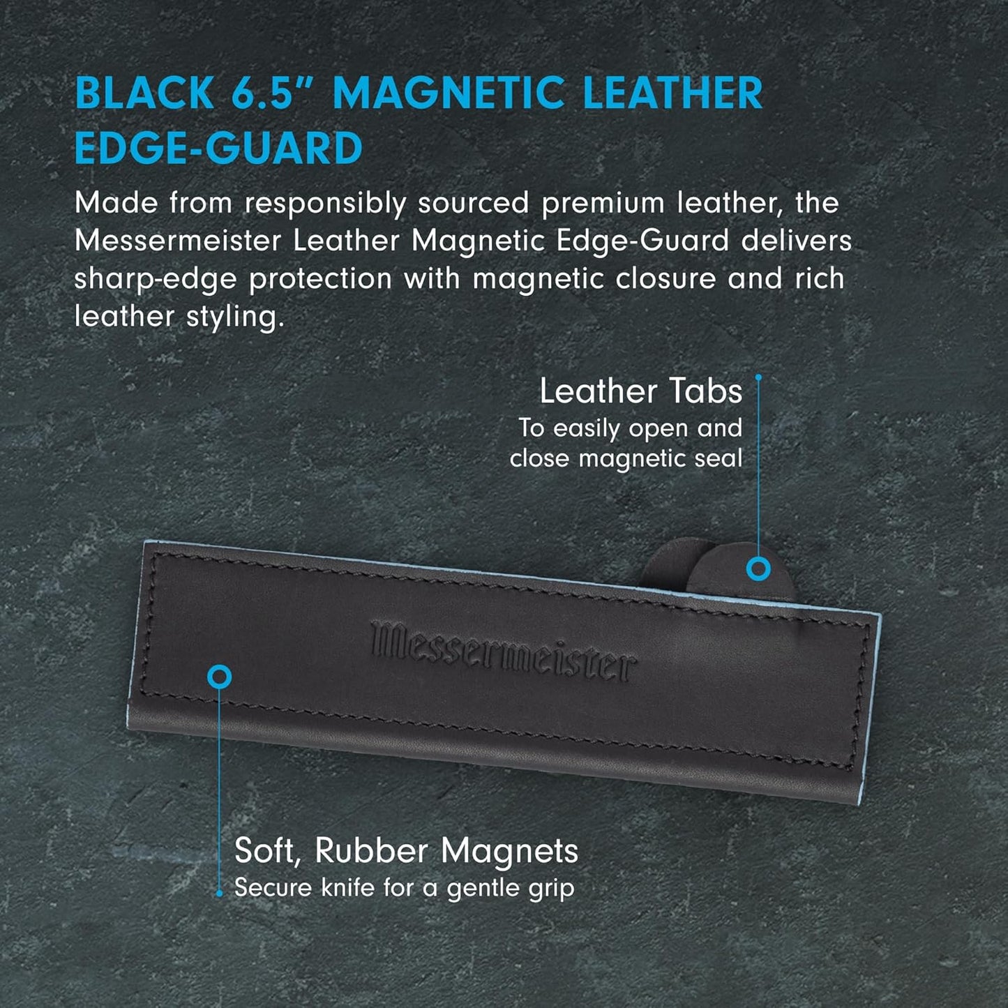 Messermeister 6.5" Black Magnetic Leather Edge-Guard - Handcrafted, Stylish & Functional Safety Accessory for Knife - 2 Blade Entry Notches - 6.5" x 1.625"