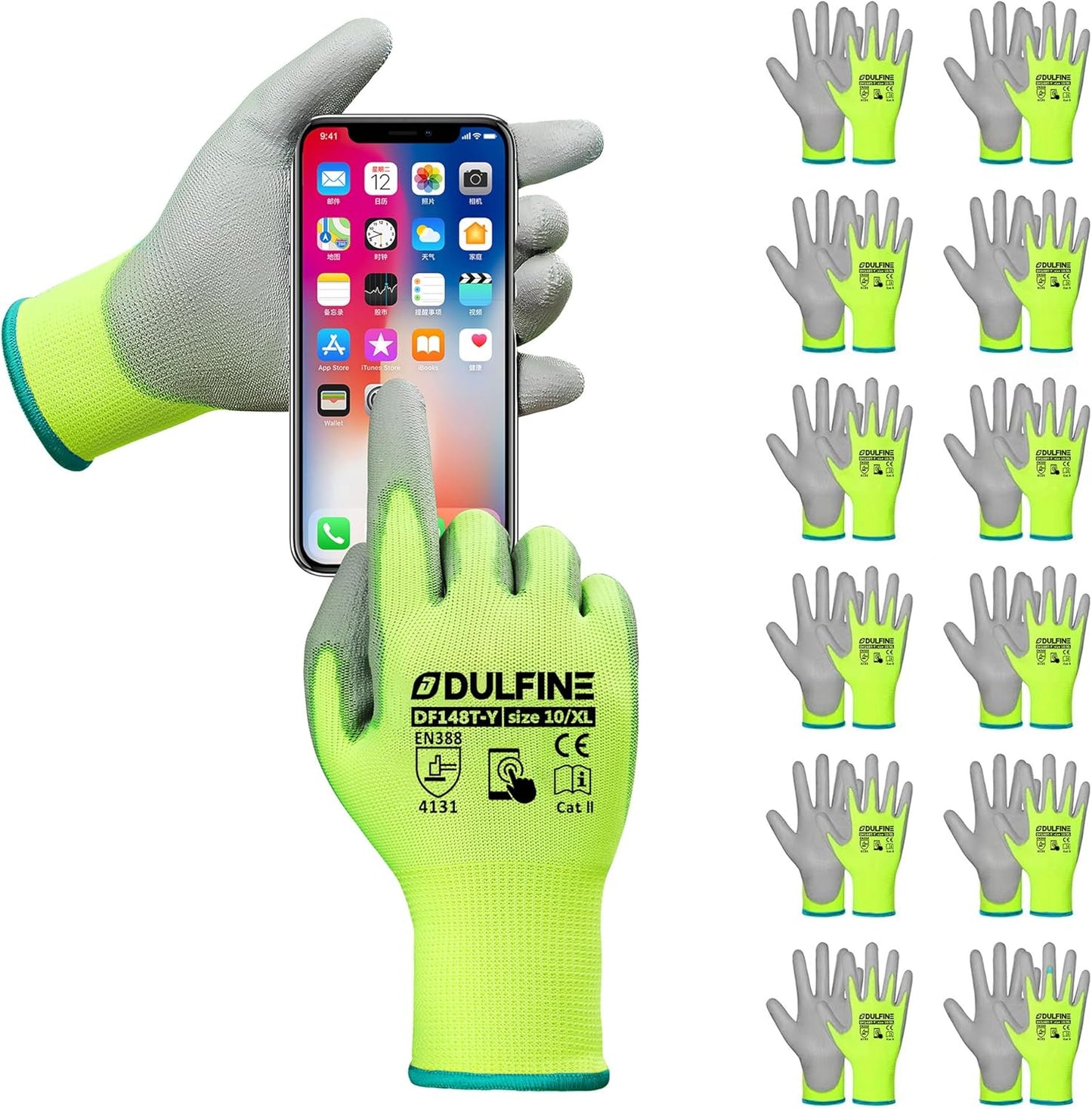 DULFINE Safety Work Gloves PU Coated-12 Pairs,Red Seamless Knit Glove with Polyurethane Coated Smooth Grip on Palm & Fingers, for Men and Women, Ideal for General Duty Work (Large)