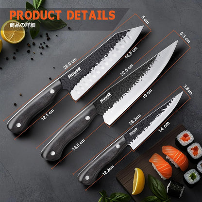 Huusk Japanese Chef Knife Set - Hand Forged Kitchen Knives for Meat Cutting - ATS-34 Carbon Steel Knives Set with Wooden Handle - Viking Cooking Knife Sets for BBQ Christmas Gift for Men and Women