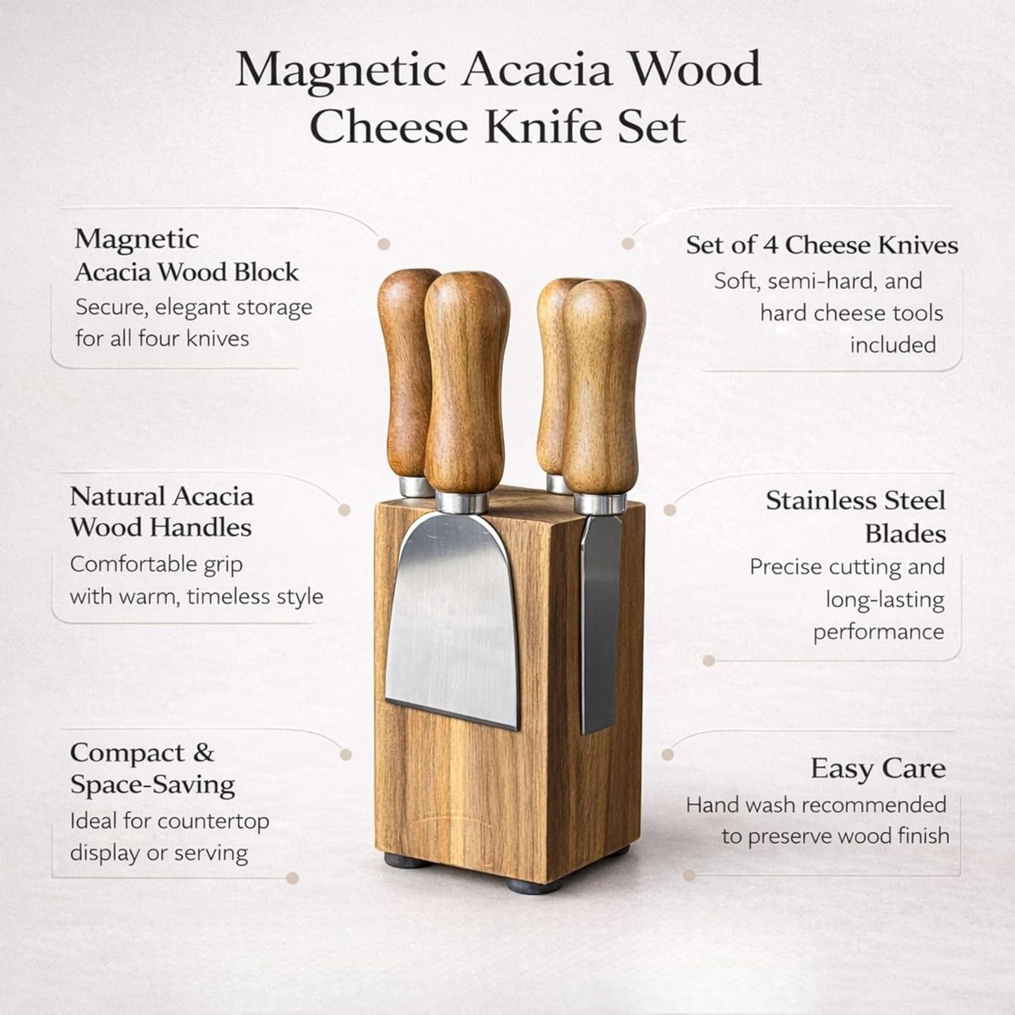 French Culinary Institute Premium Cheese Knife Set with Magnetic Block, Natural Acacia Wood & Stainless Steel