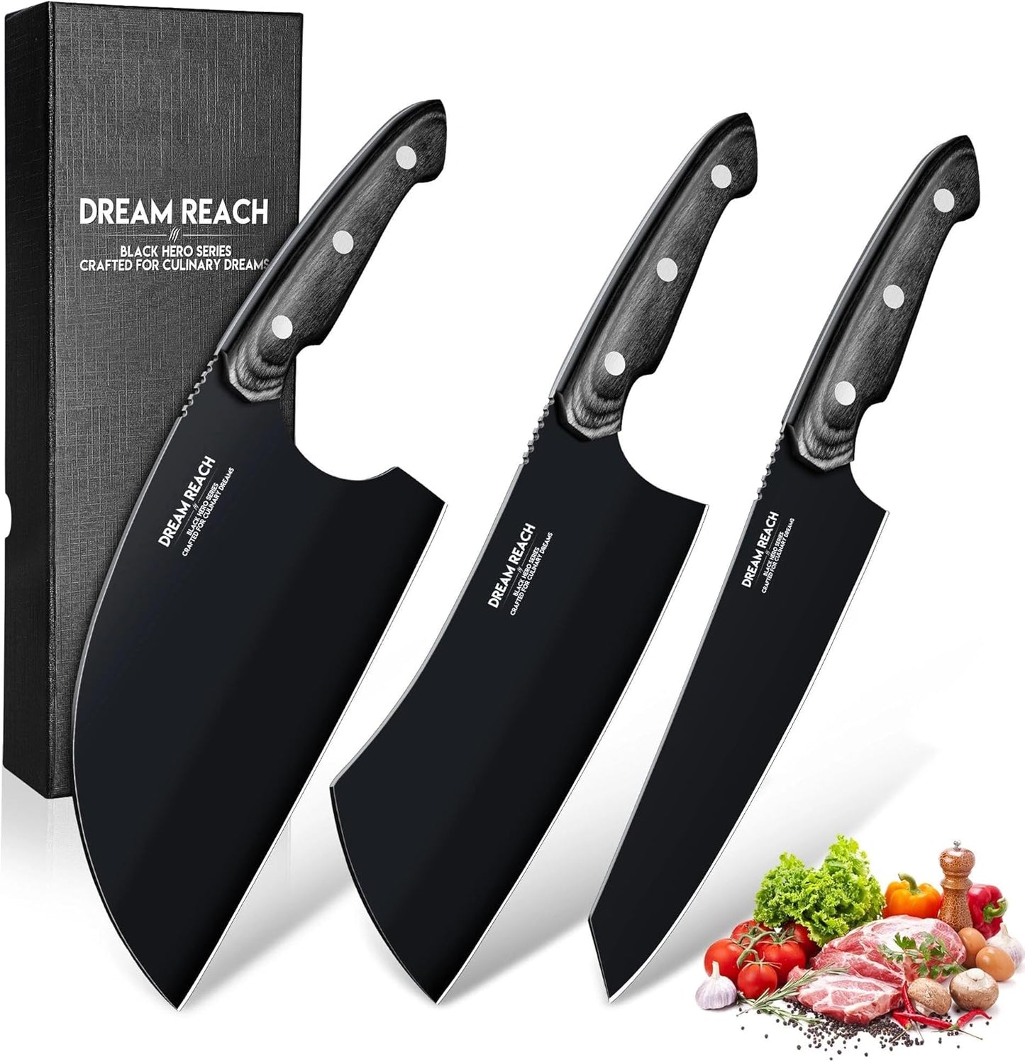 Dream Reach Kiritsuke Chef Knife - High Carbon Steel Sharp Kitchen Knife with Full Tang Handle, Hand Forged Black Cooking Knives for Birthday Mother Father Gift