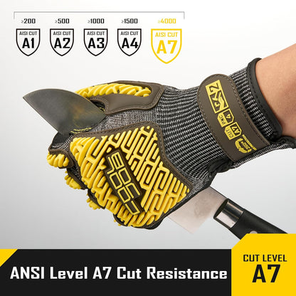 COOLJOB A7 Cut Resistant Work Gloves with TPR, Nitrile Coated Anti-Slip Impact Gloves, Touchscreen Heavy Duty Safety Mittens