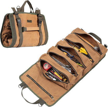 Wrench Tool Roll, Heavy Duty Waxed Canvas Multi-purpose Tool Pouch Bag With 25 Pockets, Easy Storage, Durable (Khaki)
