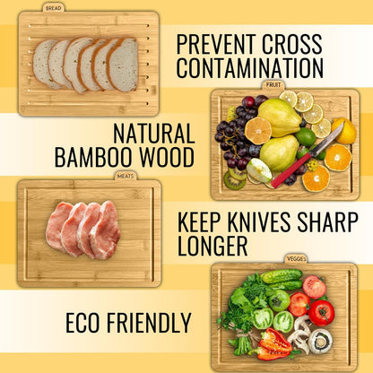 Acacia Cutting Boards for Kitchen with Holder 13" x 11" x 2.5" | Labeled Wood Cutting Board Sets | Large Wooden Cutting Board Set of 4 with Black Organized Stand | Non Toxic Chopping Board